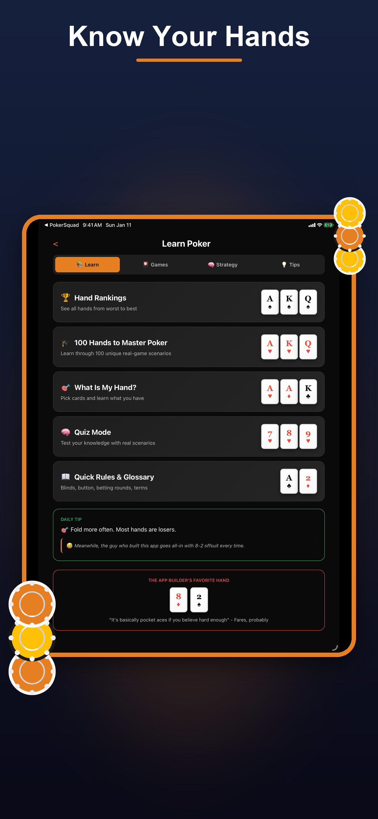 PokerSquad live game tracking screen