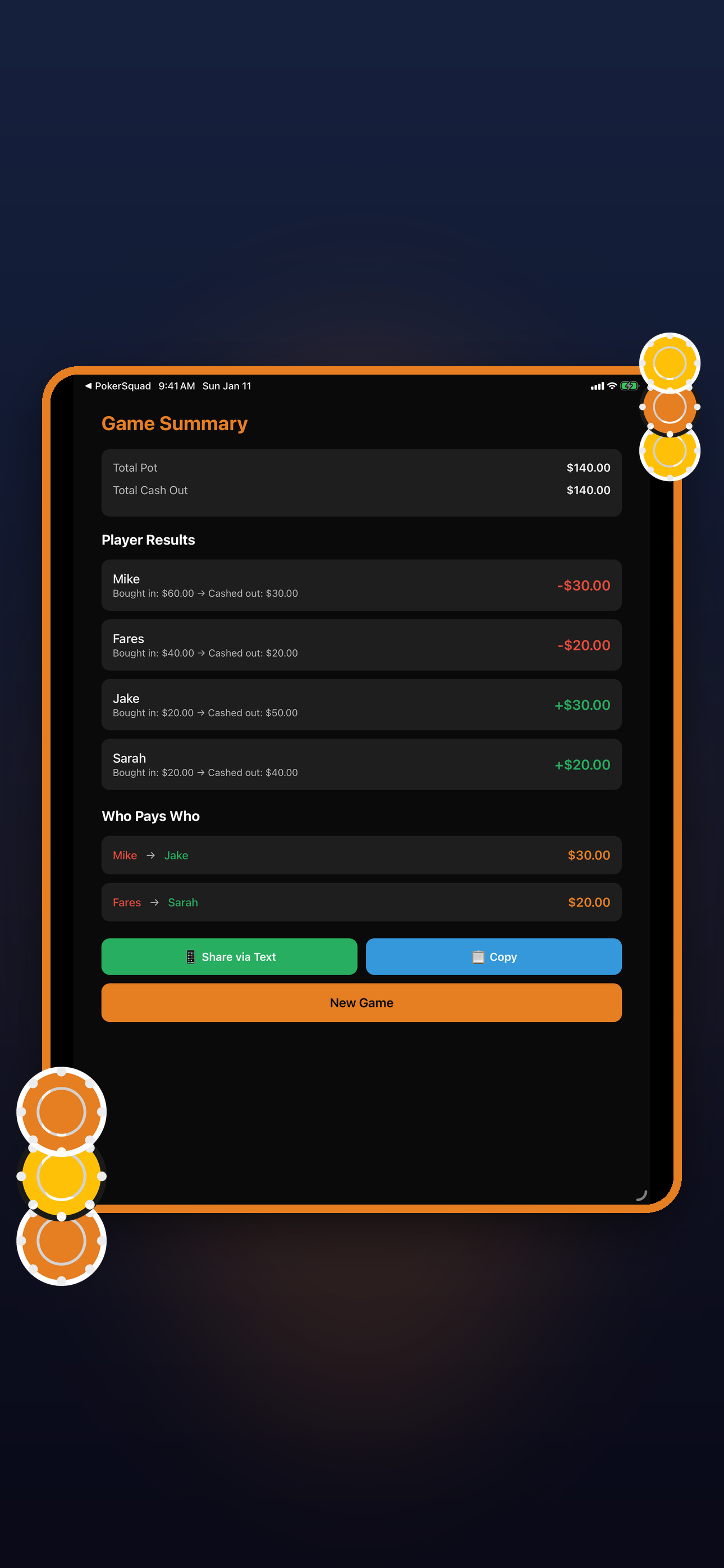 PokerSquad settlement screen